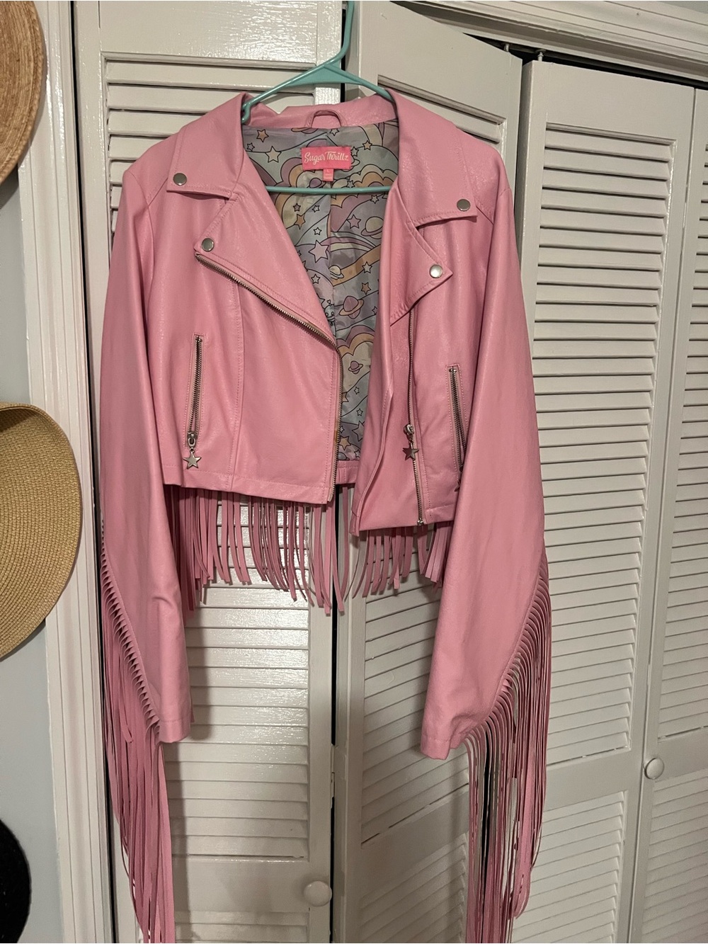 Dolls Kill Pink Faux Leather Fringe Moto Jacket